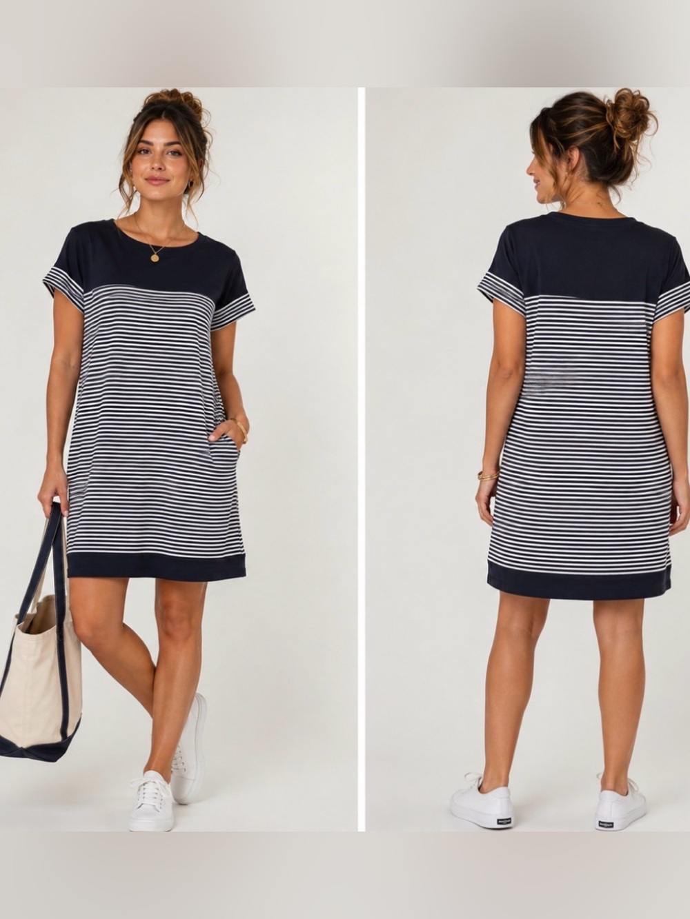 Exist Black & White Striped Short Sleeve Nautical Preppy Casual Tee Dress Large